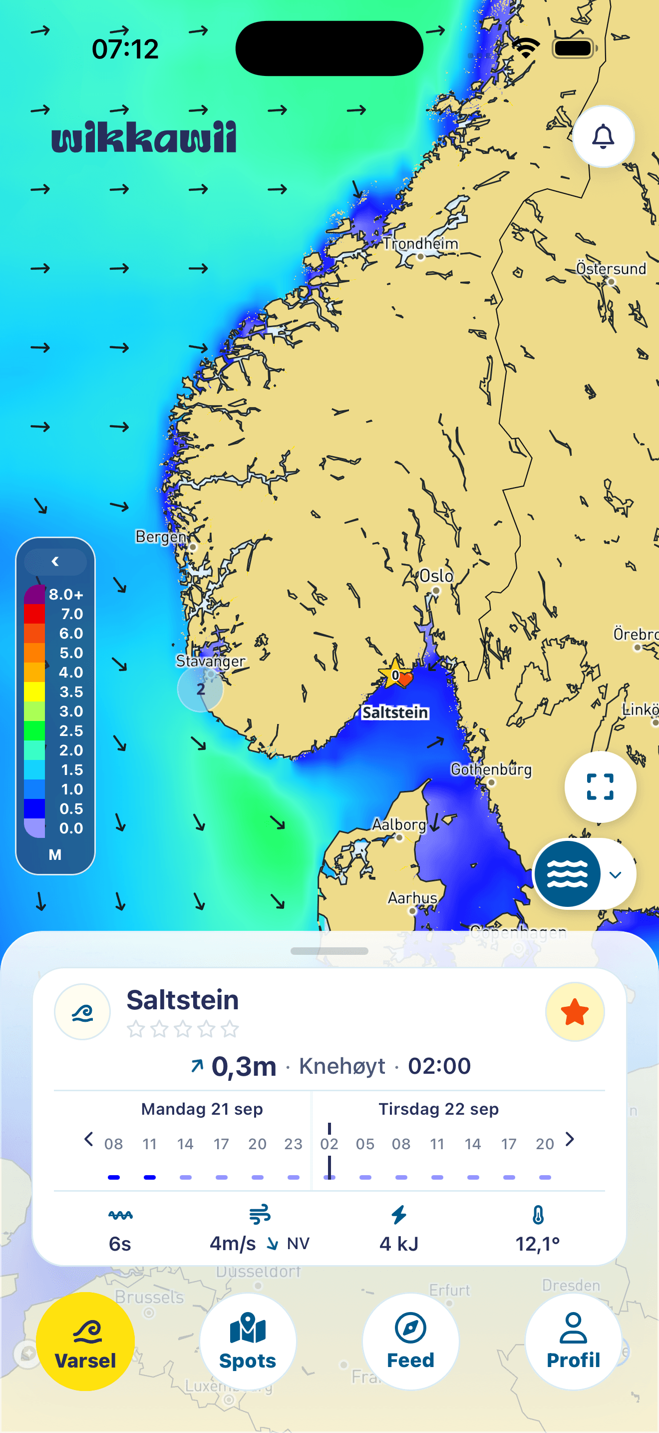 Wikkawiis bølgekart over norskekysten med Saltstein valgt og varsel for bølger og vind