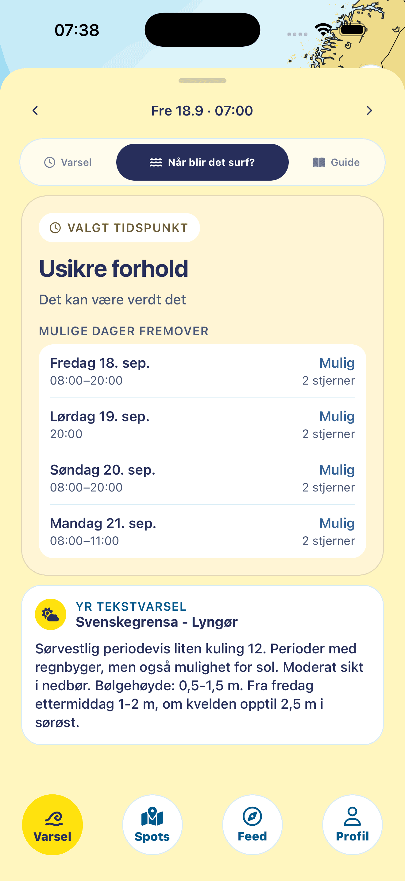 Når blir det surf: mulige dager og tidsvinduer for surf